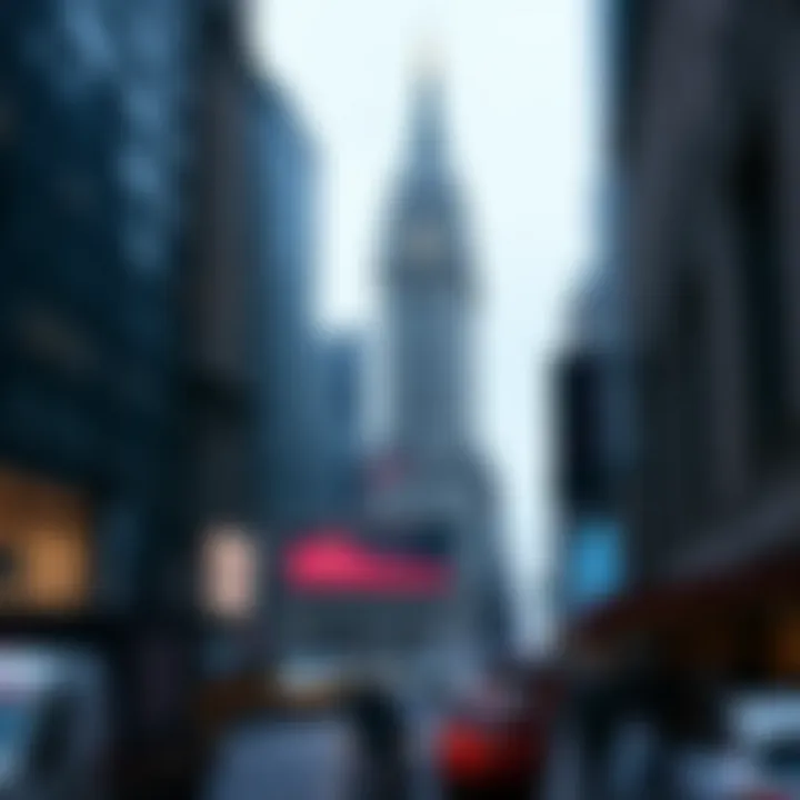 Wall Street Skyline A panoramic view of Wall Street showcasing the iconic New York Stock Exchange building.