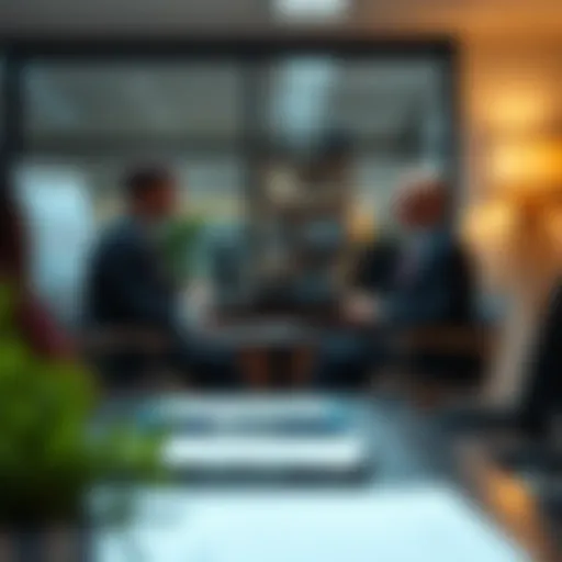 A serene office environment highlighting a stock advisor meeting with a client.